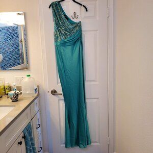 gold teal formal one shoulder dress